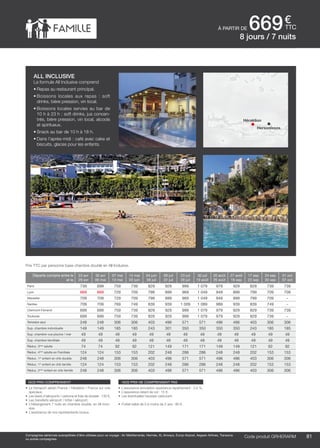 ..................................................................................................................................................................................................................................................................................................
81Code produit marakvil
€
ttcà partir de 669
Prix TTC par personne base chambre double en All Inclusive.
nos prix comprennent
•	 Le transport aérien France / Héraklion / France sur vols
spéciaux,
•	 Les taxes d’aéroports / carbone et frais de dossier : 130 €,
•	 Les transferts aéroport / hôtel / aéroport,
•	 L’hébergement 7 nuits en chambre double, en All Inclu-
sive,
•	 L’assistance de nos représentants locaux.
nos prix ne comprennent pas
•	 L’assurance annulation assistance rapatriement : 3,4 %,
•	 L’assurance retard de vol : 15 €,
•	 Les éventuelles hausses carburant.
•	 Forfait bébé de 0 à moins de 2 ans : 80 €.
Code produit grherarm
all inclusive
La formule All Inclusive comprend
•	Repas au restaurant principal.
•	Boissons locales aux repas  : soft
drinks, bière pression, vin local.
•	Boissons locales servies au bar de
10 h à 23 h : soft drinks, jus concen-
trés, bière pression, vin local, alcools
et spiritueux.
•	Snack au bar de 10 h à 18 h.
•	Dans l’après-midi : café avec cake et
biscuits, glaces pour les enfants.
8 jours / 7 nuits
Héraklion
Hersonissos
Départs compris entre le
et le
23 avr
29 avr
30 avr
06 mai
07 mai
13 mai
14 mai
03 juin
04 juin
08 juil
09 juil
22 juil
23 juil
29 juil
30 juil
19 août
20 août
26 août
27 août
16 sep
17 sep
23 sep
24 sep
30 sep
01 oct
07 oct
Paris 739 699 759 739 829 929 999 1 079 979 929 829 739 739
Lyon 669 669 729 709 799 899 969 1 049 949 899 799 709 709
Marseille 709 709 729 709 799 899 969 1 049 949 899 799 709 -
Nantes 709 709 769 749 839 939 1 009 1 089 989 939 839 749 -
Clermont-Ferrand 699 699 759 739 829 929 999 1 079 979 929 829 739 739
Toulouse 699 699 759 739 829 929 999 1 079 979 929 829 739 -
Terrestre seul 248 248 306 306 403 496 571 571 496 496 403 306 306
Sup. chambre individuelle 149 149 185 185 243 301 350 350 350 350 243 185 185
Sup. chambre vue piscine / mer 49 49 49 49 49 49 49 49 49 49 49 49 49
Sup. chambre familliale 49 49 49 49 49 49 49 49 49 49 49 49 49
Réduc. 3ème
adulte 74 74 92 92 121 149 171 171 149 149 121 92 92
Réduc. 4ème
adulte en Familiale 124 124 153 153 202 248 286 286 248 248 202 153 153
Réduc. 1er
enfant en chb double 248 248 306 306 403 496 571 571 496 496 403 306 306
Réduc. 1er
enfant en chb famille 124 124 153 153 202 248 286 286 248 248 202 153 153
Réduc. 2ème
enfant en chb famille 248 248 306 306 403 496 571 571 496 496 403 306 306
Compagnies aériennes susceptibles d’être utilisées pour ce voyage : Air Méditerranée, Hermès, XL Airways, Europ Airpost, Aegean Airlines, Transavia
ou autres compagnies.
 