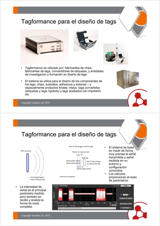 Tagformance para el diseño de tags 
• Tagformance es utilizado por: fabricantes de chips, 
fabricantes de tags, convertidores de etiquetas, y entidades 
de investigación y formación en diseño de tags 
• El sistema se utiliza para el diseño de los componentes de 
los tags: chips, sustratos, adhesivos y antenas – y 
especialmente productos finales: inlays, tags convertidos 
(etiquetas y tags rígidods) y tags acabados con impresión 
etc 
Copyright Voyantic Ltd, 2014 
Tagformance para el diseño de tags 
• El sistema se basa 
en medir de forma 
muy precisa la señal 
transmitida y señal 
recibida en un 
entorno y 
configuración 
conocidos. 
• Los cálculos 
proporcionan el resto 
de parámetros. 
• La intensidad de 
señal es el principal 
parámetro medido, 
pero también se 
recibe y analiza la 
forma de onda 
completa 
Copyright Voyantic Ltd, 2014 
 