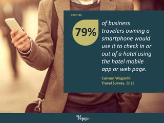 FACT #2
of business
travelers owning a
smartphone would
use it to check in or
out of a hotel using
the hotel mobile
app or...
