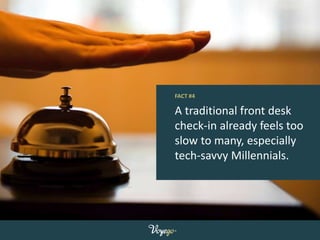 A traditional front desk
check-in already feels too
slow to many, especially
tech-savvy Millennials.
FACT #4
 