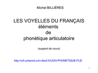 Michel BILLIÈRES

LES VOYELLES DU FRANÇAIS
éléments
de
phonétique articulatoire
(support de cours)

http://w3.uohprod.univ-tlse2.fr/UOH-PHONETIQUE-FLE/
1

 