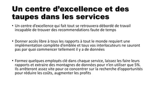 Un centre d’excellence et des
taupes dans les services
• Un centre d’excellence qui fait tout se retrouvera débordé de travail
incapable de trouver des recommendations faute de temps
• Donner accès libre à tous les rapports à tout le monde requiert une
implémentation complète d’emblée et tous vos interlocuteurs ne sauront
pas par quoi commencer tellement il y a de données
• Formez quelques employés clé dans chaque service, laissez les faire leurs
rapports et extraire des montagnes de données pour n’en utiliser que 5%.
Ils arrêteront assez vite pour ce concentrer sur la recherche d’opportunités
pour réduire les coûts, augmenter les profits
 