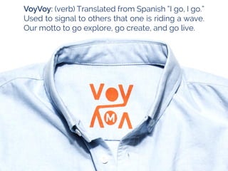 VoyVoy:(verb)Translatedfrom Spanish“Igo,Igo.”
Usedtosignaltoothersthatoneisridingawave.
Ourmottotogoexplore,gocreate,andgolive.