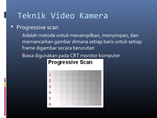 Teknik Video Kamera
 Progressive scan
 Adalah metode untuk menampilkan, menyimpan, dan
memancarkan gambar dimana setiap baris untuk setiap
frame digambar secara berurutan
 Biasa digunakan pada CRT monitor komputer
 