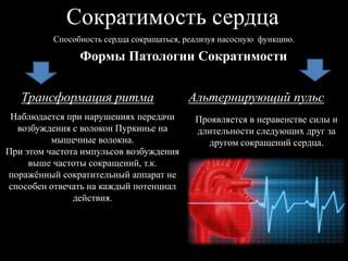 Сократимость сердца
Способность сердца сокращаться, реализуя насосную функцию.
Формы Патологии Сократимости
Трансформация ритма Альтернирующий пульс
Наблюдается при нарушениях передачи
возбуждения с волокон Пуркинье на
мышечные волокна.
При этом частота импульсов возбуждения
выше частоты сокращений, т.к.
поражѐнный сократительный аппарат не
способен отвечать на каждый потенциал
действия.
Проявляется в неравенстве силы и
длительности следующих друг за
другом сокращений сердца.
 