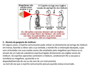 2 - Através da garganta do médium:
Em alguns casos, o Espírito comunicante pode utilizar-se diretamente da laringe do médium
em transe, fazendo-a vibrar sob a sua vontade, e dando-lhe a entonação desejada, cujos
sons articulados nas suas cordas vocais são ampliados pelo megafone que flutua no ar,
através de um tubo de substância espiritual ligado diretamente aos órgãos vocais do
médium. Os espíritos operantes controlam o médium, condicionam-lhe a voz para a
trombeta ou megafone, ajustando-a no
diapasão(Extensão de voz ou do som de um instrumento)
ou tom de voz que o espírito comunicante possuía quando estava encarnado.
 