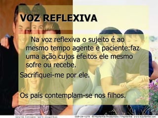VOZ REFLEXIVA Na voz reflexiva o sujeito é ao mesmo tempo agente e paciente:faz uma ação cujos efeitos ele mesmo sofre ou recebe. Sacrifiquei-me por ele. Os pais contemplam-se nos filhos. 