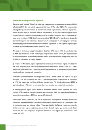 Diminuem as desigualdades regionais

          Como se pode ver pela Tabela 3, a região que mais colocou novas pessoas na classe média foi
          a Sudeste (36% dos entrantes), seguida da Nordeste (34%) e Sul (12%). No entanto, isso
          não significa que o crescimento da classe média nessas regiões tenha sido mais expressivo.
          Muito do peso entre os entrantes deve-se simplesmente ao fato de que essas regiões são as
          que abrigam um maior contingente da população brasileira como um todo (o que pode ser
          visto tanto na coluna “2002-Brasil”, como na coluna “2012-Brasil”), naturalmente abrigando
          também boa parte dos entrantes à classe média. A participação de um dado grupo entre os
          entrantes só pode ser considerada especialmente expressiva, se for superior à proporção
          que esse grupo representa no Brasil como um todo.

          No caso do Sudeste, a sua participação no Brasil em 2002 era de 43% da população (isto
          é, 43% dos brasileiros viviam nessa região naquele ano). Assim sendo, era de se esperar
          que um movimento de expansão da classe média no Brasil incluísse uma grande parte de
          brasileiros que vivem na região Sudeste.

          Já no caso no Nordeste, a proporção de brasileiros que viviam nessa região em 2002 era
          de 29%, enquanto que, entre os que entraram na classe média entre 2002 e 2012, 34%
          viviam na região. Aqui, sim, a participação do Nordeste entre os novos membros da classe
          média pode ser considerada expressiva.

          O mesmo contraste ocorre em relação ao Sul e ao Centro-Oeste. No caso do Sul, que
          abrigava 15% dos brasileiros em 2012, a participação entre os entrantes se restringiu
          a 12%. Ao passo que no Centro-Oeste, que abrigava 7% dos brasileiros em 2002, a
          participação de 11% entre os entrantes deve ser considerada muito mais expressiva.

          A participação da região Norte entre os entrantes, mesmo sendo a menor das cinco
          regiões (8%), deve ser também considerada expressiva, dada a proporção de brasileiros
          que viviam na região em 2002, de apenas 6% do total.

          Uma outra forma, mais fácil, de ver a importância da expansão da classe média nas
          diferentes regiões é olhar para o quanto a classe média cresceu dentro de cada região. Esse
          crescimento pode ser visto na coluna “Expansão líquida” da Tabela 4, que corresponde
          à diferença entre a proporção de pessoas dentro de cada região que pertencem à classe
          média em 2012 e a proporção de pessoas dentro de cada região que pertenciam a essa
          classe em 2002.




26 | Desigualdade, Heterogeneidade e Diversidade
 