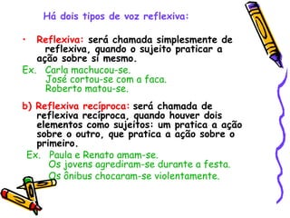 Há dois tipos de voz reflexiva:   Reflexiva:  será chamada simplesmente de  reflexiva, quando o sujeito praticar a ação sobre si mesmo.  Ex.  Carla machucou-se.    José cortou-se com a faca.    Roberto matou-se. b) Reflexiva recíproca:   será chamada de  reflexiva recíproca, quando houver dois elementos como sujeitos: um pratica a ação sobre o outro, que pratica a ação sobre o primeiro. Ex.  Paula e Renato amam-se.    Os jovens agrediram-se durante a festa.  Os ônibus chocaram-se violentamente.    