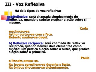 III - Voz Reflexiva   Há dois tipos de voz reflexiva:  a) Reflexiva:   será chamada simplesmente de reflexiva, quando o sujeito praticar a ação sobre si mesmo.     Carla machucou-se.  Arthur cortou-se com a faca.  Roberto mudou-se daqui.  b) Reflexiva recíproca:   será chamada de reflexiva recíproca, quando houver dois elementos como sujeito: um pratica a ação sobre o outro, que pratica a ação sobre o primeiro.    Paula e Renato amam-se.  Os jovens agrediram-se durante a festa.  Os ônibus chocaram-se violentamente.   