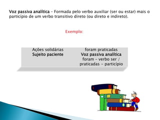 Voz passiva analítica – Formada pelo verbo auxiliar (ser ou estar) mais o
particípio de um verbo transitivo direto (ou direto e indireto).


                               Exemplo:



            Ações solidárias            foram praticadas
            Sujeito paciente          Voz passiva analítica
                                       foram – verbo ser /
                                     praticadas - particípio
 