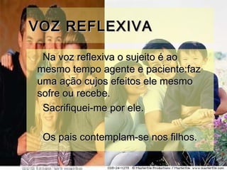 VOZ REFLEXIVA

 Na voz reflexiva o sujeito é ao
mesmo tempo agente e paciente:faz
uma ação cujos efeitos ele mesmo
sofre ou recebe.
 Sacrifiquei-me por ele.

 Os pais contemplam-se nos filhos.
 