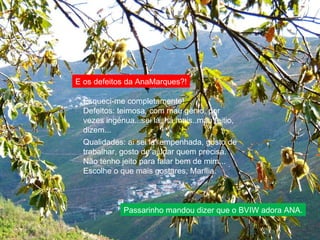 E os defeitos da AnaMarques?! Esqueci-me completamente! Defeitos: teimosa, com mau génio, por vezes ingénua...sei lá, há mais..mau feitio, dizem...   Qualidades: ai sei lá! empenhada, gosto de trabalhar, gosto de ajudar quem precisa. Não tenho jeito para falar bem de mim... Escolhe o que mais gostares, Marília. Passarinho mandou dizer que o BVIW adora ANA. 
