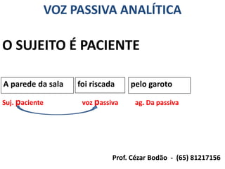 VOZ PASSIVA ANALÍTICA

O SUJEITO É PACIENTE

A parede da sala   foi riscada    pelo garoto

Suj. paciente       voz passiva    ag. Da passiva




                             Prof. Cézar Bodão - (65) 81217156
 
