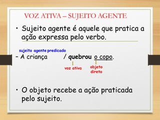 VOZ ATIVA – SUJEITO AGENTE
• Sujeito agente é aquele que pratica a
ação expressa pelo verbo.
sujeito agente predicado
– A criança / quebrou o copo.
voz ativa objeto
direto
• O objeto recebe a ação praticada
pelo sujeito.
 
