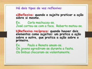 Há dois tipos de voz reflexiva:
a)Reflexiva: quando o sujeito praticar a ação
sobre si mesmo.
Ex. Carla machucou-se.
José cortou-se com a faca. Roberto matou-se.
b)Reflexiva recíproca: quando houver dois
elementos como sujeitos: um pratica a ação
sobre o outro, que pratica a ação sobre o
primeiro.
Ex. Paula e Renato amam-se.
Os jovens agrediram-se durante a festa.
Os ônibus chocaram-se violentamente.
 