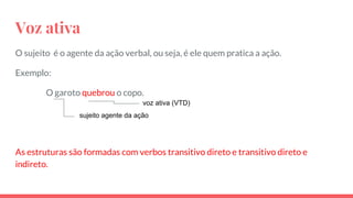 Voz ativa
O sujeito é o agente da ação verbal, ou seja, é ele quem pratica a ação.
Exemplo:
O garoto quebrou o copo.
As estruturas são formadas com verbos transitivo direto e transitivo direto e
indireto.
sujeito agente da ação
voz ativa (VTD)
 