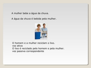 A mulher bebe a água da chuva.
A água da chuva é bebida pela mulher.
O homem e a mulher reciclam o lixo.
voz ativa
O lixo é reciclado pelo homem e pela mulher.
voz passiva correspondente
 