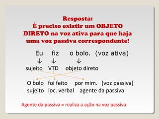 Resposta:
É preciso existir um OBJETO
DIRETO na voz ativa para que haja
uma voz passiva correspondente!
Eu fiz o bolo. (voz ativa)
↓ ↓ ↓
sujeito VTD objeto direto
O bolo foi feito por mim. (voz passiva)
sujeito loc. verbal agente da passiva
Agente da passiva = realiza a ação na voz passiva
 
