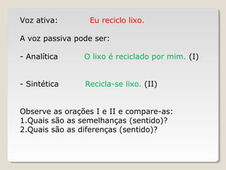 Voz ativa: Eu reciclo lixo.
A voz passiva pode ser:
- Analítica O lixo é reciclado por mim. (I)
- Sintética Recicla-se lixo. (II)
Observe as orações I e II e compare-as:
1.Quais são as semelhanças (sentido)?
2.Quais são as diferenças (sentido)?
 