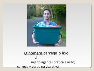 O homem carrega o lixo.
↓
sujeito agente (pratica a ação)
carrega = verbo na voz ativa
 