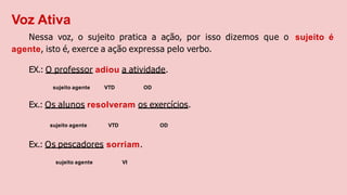 Voz Ativa
Nessa voz, o sujeito pratica a ação, por isso dizemos que o sujeito é
agente, isto é, exerce a ação expressa pelo verbo.
EX.: O professor adiou a atividade.
sujeito agente VTD OD
Ex.: Os alunos resolveram os exercícios.
OD
sujeito agente VTD
Ex.: Os pescadores sorriam.
sujeito agente VI
 