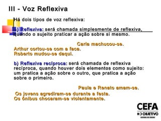 III - Voz ReflexivaIII - Voz Reflexiva
Há dois tipos de voz reflexiva:
a) Reflexiva:a) Reflexiva: será chamada simplesmente de reflexiva,
quando o sujeito praticar a ação sobre si mesmo.
Carla machucou-se.Carla machucou-se.
Arthur cortou-se com a faca.Arthur cortou-se com a faca.
Roberto mudou-se daqui.Roberto mudou-se daqui.
b) Reflexiva recíproca:b) Reflexiva recíproca: será chamada de reflexiva
recíproca, quando houver dois elementos como sujeito:
um pratica a ação sobre o outro, que pratica a ação
sobre o primeiro.
Paula e Renato amam-se.Paula e Renato amam-se.
Os jovens agrediram-se durante a festa.Os jovens agrediram-se durante a festa.
Os ônibus chocaram-se violentamente.Os ônibus chocaram-se violentamente.
 