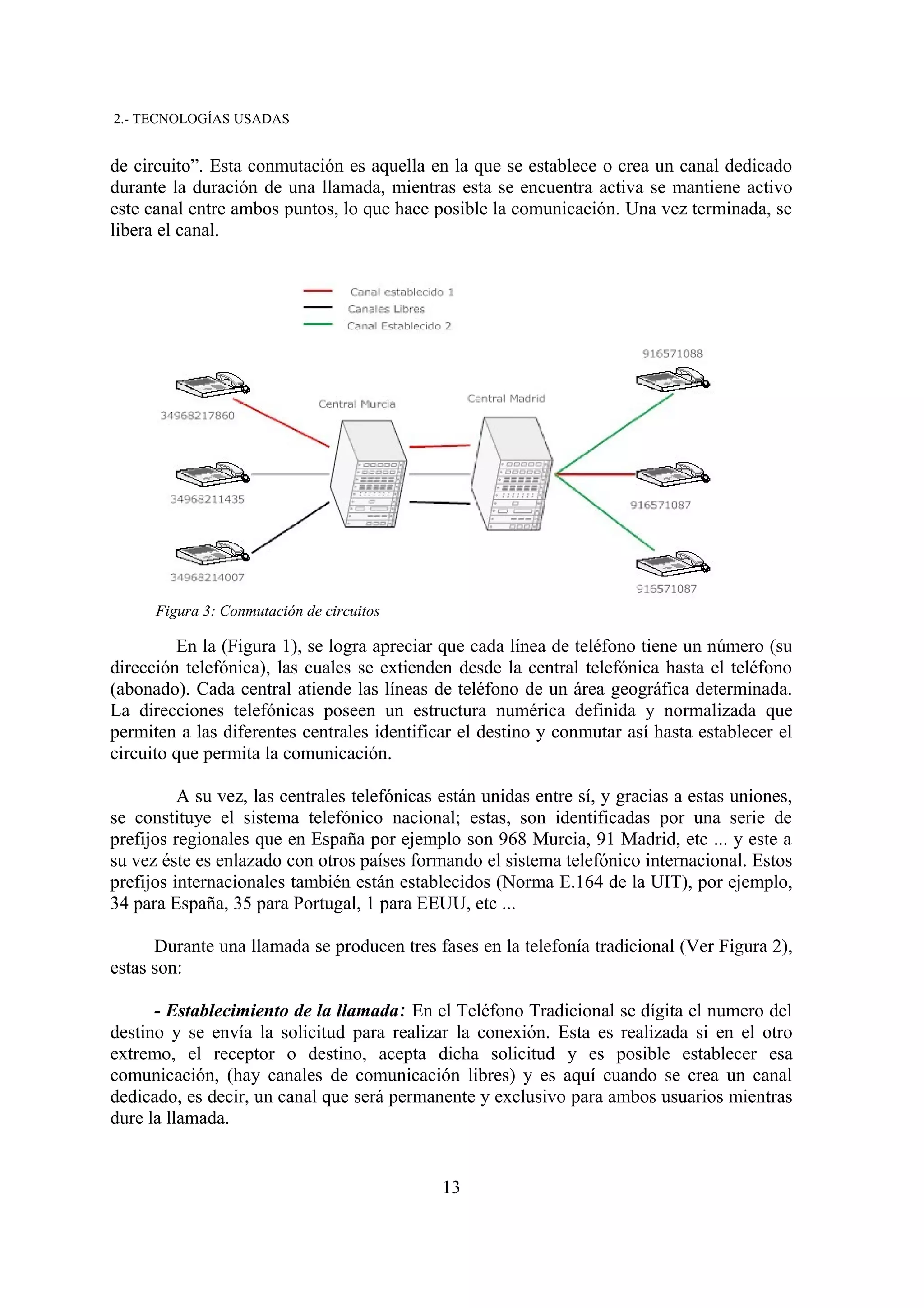 2.- TECNOLOGÍAS USADAS


de circuito”. Esta conmutación es aquella en la que se establece o crea un canal dedicado
durante la duración de una llamada, mientras esta se encuentra activa se mantiene activo
este canal entre ambos puntos, lo que hace posible la comunicación. Una vez terminada, se
libera el canal.




      Figura 3: Conmutación de circuitos

         En la (Figura 1), se logra apreciar que cada línea de teléfono tiene un número (su
dirección telefónica), las cuales se extienden desde la central telefónica hasta el teléfono
(abonado). Cada central atiende las líneas de teléfono de un área geográfica determinada.
La direcciones telefónicas poseen un estructura numérica definida y normalizada que
permiten a las diferentes centrales identificar el destino y conmutar así hasta establecer el
circuito que permita la comunicación.

          A su vez, las centrales telefónicas están unidas entre sí, y gracias a estas uniones,
se constituye el sistema telefónico nacional; estas, son identificadas por una serie de
prefijos regionales que en España por ejemplo son 968 Murcia, 91 Madrid, etc ... y este a
su vez éste es enlazado con otros países formando el sistema telefónico internacional. Estos
prefijos internacionales también están establecidos (Norma E.164 de la UIT), por ejemplo,
34 para España, 35 para Portugal, 1 para EEUU, etc ...

      Durante una llamada se producen tres fases en la telefonía tradicional (Ver Figura 2),
estas son:

      - Establecimiento de la llamada: En el Teléfono Tradicional se dígita el numero del
destino y se envía la solicitud para realizar la conexión. Esta es realizada si en el otro
extremo, el receptor o destino, acepta dicha solicitud y es posible establecer esa
comunicación, (hay canales de comunicación libres) y es aquí cuando se crea un canal
dedicado, es decir, un canal que será permanente y exclusivo para ambos usuarios mientras
dure la llamada.


                                              13
 