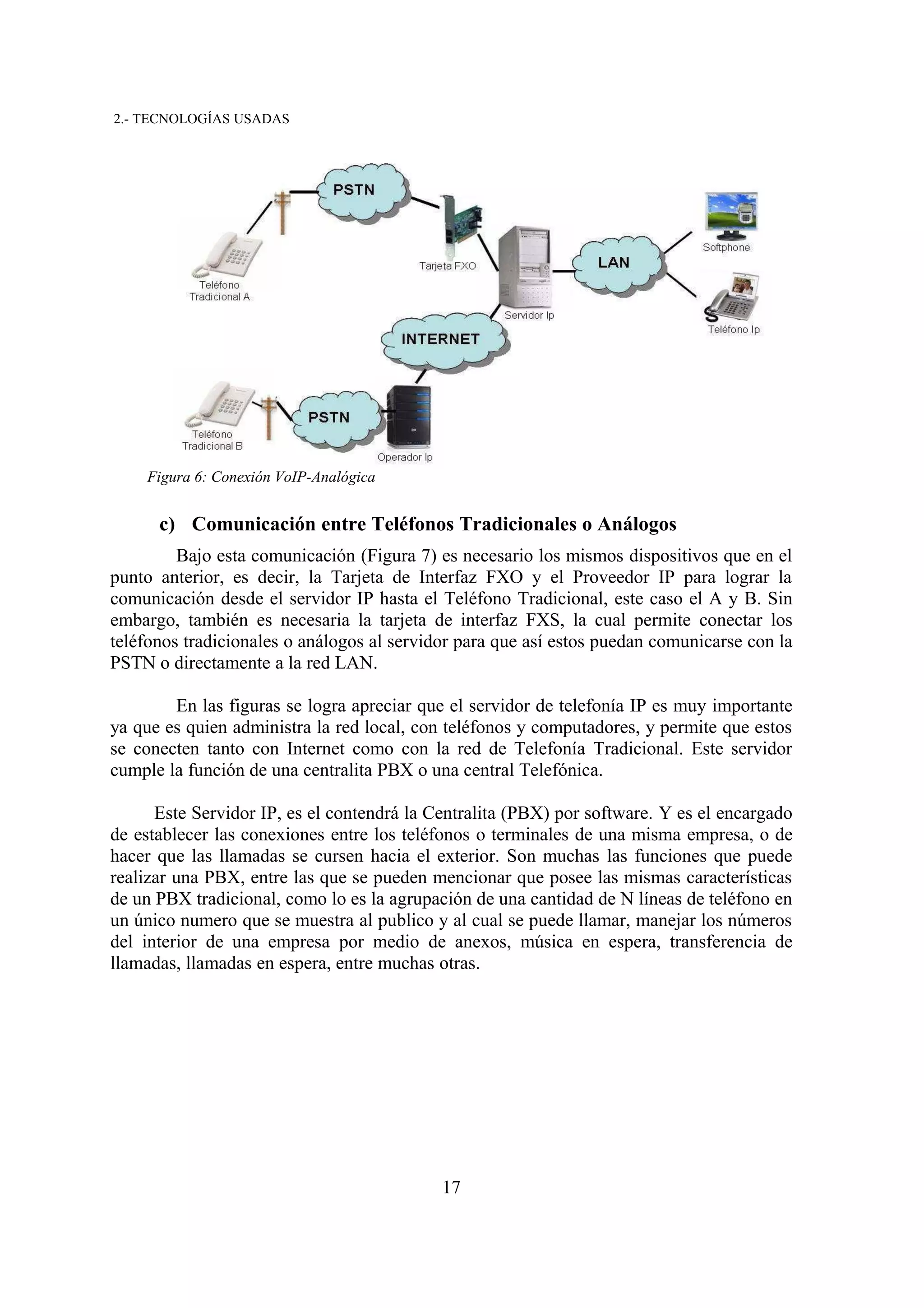 2.- TECNOLOGÍAS USADAS




    Figura 6: Conexión VoIP-Analógica


      c) Comunicación entre Teléfonos Tradicionales o Análogos
         Bajo esta comunicación (Figura 7) es necesario los mismos dispositivos que en el
punto anterior, es decir, la Tarjeta de Interfaz FXO y el Proveedor IP para lograr la
comunicación desde el servidor IP hasta el Teléfono Tradicional, este caso el A y B. Sin
embargo, también es necesaria la tarjeta de interfaz FXS, la cual permite conectar los
teléfonos tradicionales o análogos al servidor para que así estos puedan comunicarse con la
PSTN o directamente a la red LAN.

        En las figuras se logra apreciar que el servidor de telefonía IP es muy importante
ya que es quien administra la red local, con teléfonos y computadores, y permite que estos
se conecten tanto con Internet como con la red de Telefonía Tradicional. Este servidor
cumple la función de una centralita PBX o una central Telefónica.

      Este Servidor IP, es el contendrá la Centralita (PBX) por software. Y es el encargado
de establecer las conexiones entre los teléfonos o terminales de una misma empresa, o de
hacer que las llamadas se cursen hacia el exterior. Son muchas las funciones que puede
realizar una PBX, entre las que se pueden mencionar que posee las mismas características
de un PBX tradicional, como lo es la agrupación de una cantidad de N líneas de teléfono en
un único numero que se muestra al publico y al cual se puede llamar, manejar los números
del interior de una empresa por medio de anexos, música en espera, transferencia de
llamadas, llamadas en espera, entre muchas otras.




                                            17
 