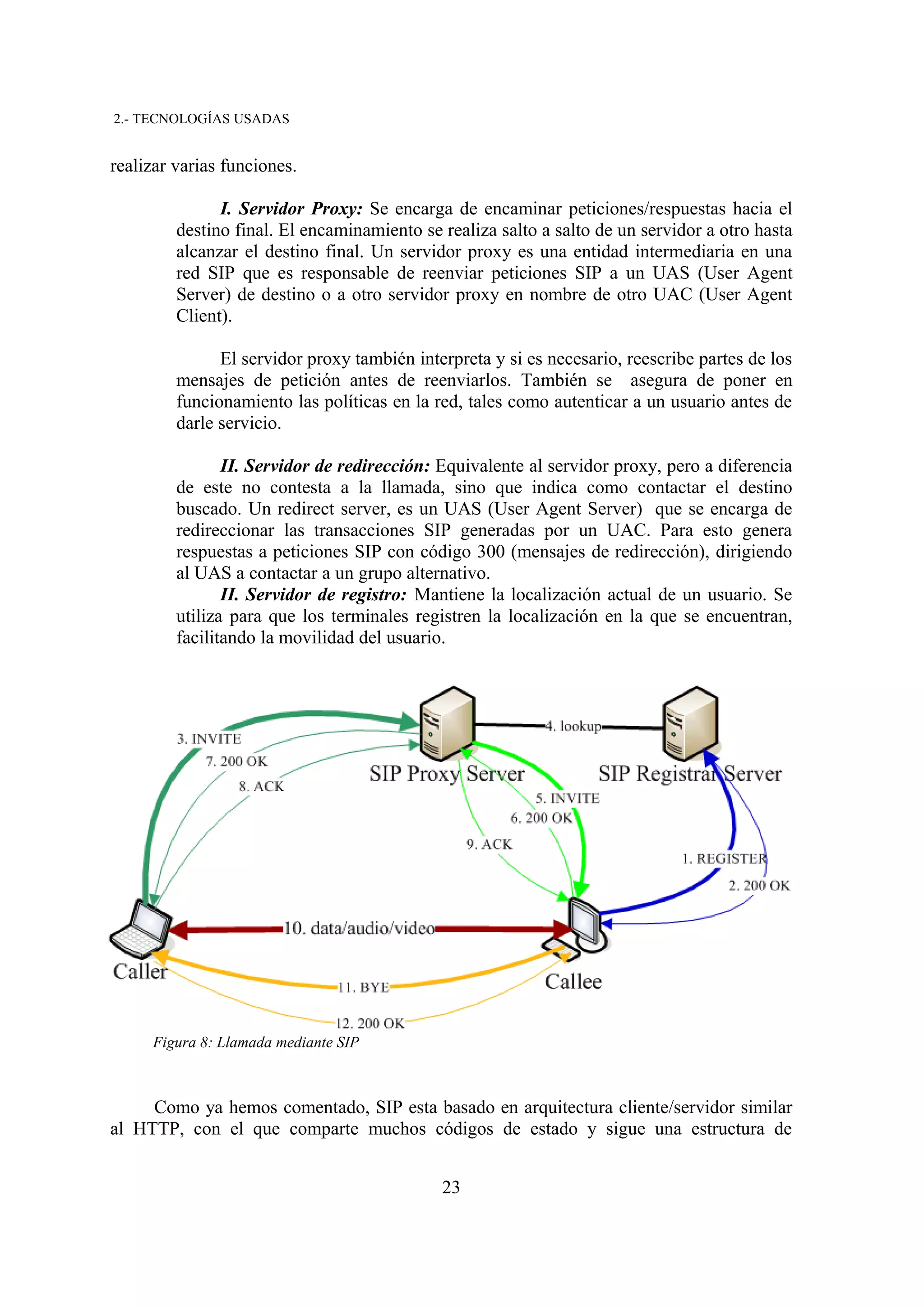 2.- TECNOLOGÍAS USADAS


realizar varias funciones.

               I. Servidor Proxy: Se encarga de encaminar peticiones/respuestas hacia el
         destino final. El encaminamiento se realiza salto a salto de un servidor a otro hasta
         alcanzar el destino final. Un servidor proxy es una entidad intermediaria en una
         red SIP que es responsable de reenviar peticiones SIP a un UAS (User Agent
         Server) de destino o a otro servidor proxy en nombre de otro UAC (User Agent
         Client).

               El servidor proxy también interpreta y si es necesario, reescribe partes de los
         mensajes de petición antes de reenviarlos. También se asegura de poner en
         funcionamiento las políticas en la red, tales como autenticar a un usuario antes de
         darle servicio.

                II. Servidor de redirección: Equivalente al servidor proxy, pero a diferencia
         de este no contesta a la llamada, sino que indica como contactar el destino
         buscado. Un redirect server, es un UAS (User Agent Server) que se encarga de
         redireccionar las transacciones SIP generadas por un UAC. Para esto genera
         respuestas a peticiones SIP con código 300 (mensajes de redirección), dirigiendo
         al UAS a contactar a un grupo alternativo.
                II. Servidor de registro: Mantiene la localización actual de un usuario. Se
         utiliza para que los terminales registren la localización en la que se encuentran,
         facilitando la movilidad del usuario.




     Figura 8: Llamada mediante SIP



     Como ya hemos comentado, SIP esta basado en arquitectura cliente/servidor similar
al HTTP, con el que comparte muchos códigos de estado y sigue una estructura de


                                             23
 