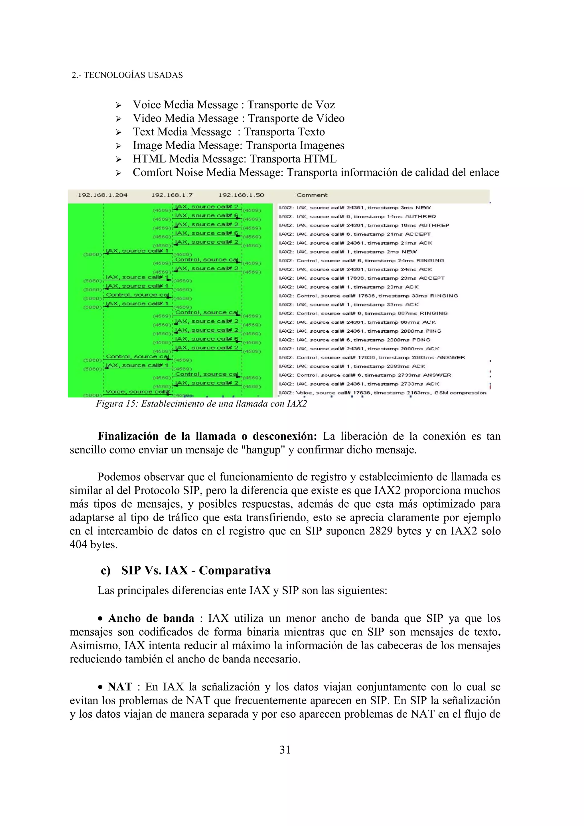 2.- TECNOLOGÍAS USADAS


         ➢   Voice Media Message : Transporte de Voz
         ➢   Video Media Message : Transporte de Vídeo
         ➢   Text Media Message : Transporta Texto
         ➢   Image Media Message: Transporta Imagenes
         ➢   HTML Media Message: Transporta HTML
         ➢   Comfort Noise Media Message: Transporta información de calidad del enlace




     Figura 15: Establecimiento de una llamada con IAX2


      Finalización de la llamada o desconexión: La liberación de la conexión es tan
sencillo como enviar un mensaje de "hangup" y confirmar dicho mensaje.

      Podemos observar que el funcionamiento de registro y establecimiento de llamada es
similar al del Protocolo SIP, pero la diferencia que existe es que IAX2 proporciona muchos
más tipos de mensajes, y posibles respuestas, además de que esta más optimizado para
adaptarse al tipo de tráfico que esta transfiriendo, esto se aprecia claramente por ejemplo
en el intercambio de datos en el registro que en SIP suponen 2829 bytes y en IAX2 solo
404 bytes.

      c) SIP Vs. IAX - Comparativa
     Las principales diferencias ente IAX y SIP son las siguientes:

      • Ancho de banda : IAX utiliza un menor ancho de banda que SIP ya que los
mensajes son codificados de forma binaria mientras que en SIP son mensajes de texto.
Asimismo, IAX intenta reducir al máximo la información de las cabeceras de los mensajes
reduciendo también el ancho de banda necesario.

      • NAT : En IAX la señalización y los datos viajan conjuntamente con lo cual se
evitan los problemas de NAT que frecuentemente aparecen en SIP. En SIP la señalización
y los datos viajan de manera separada y por eso aparecen problemas de NAT en el flujo de


                                                31
 
