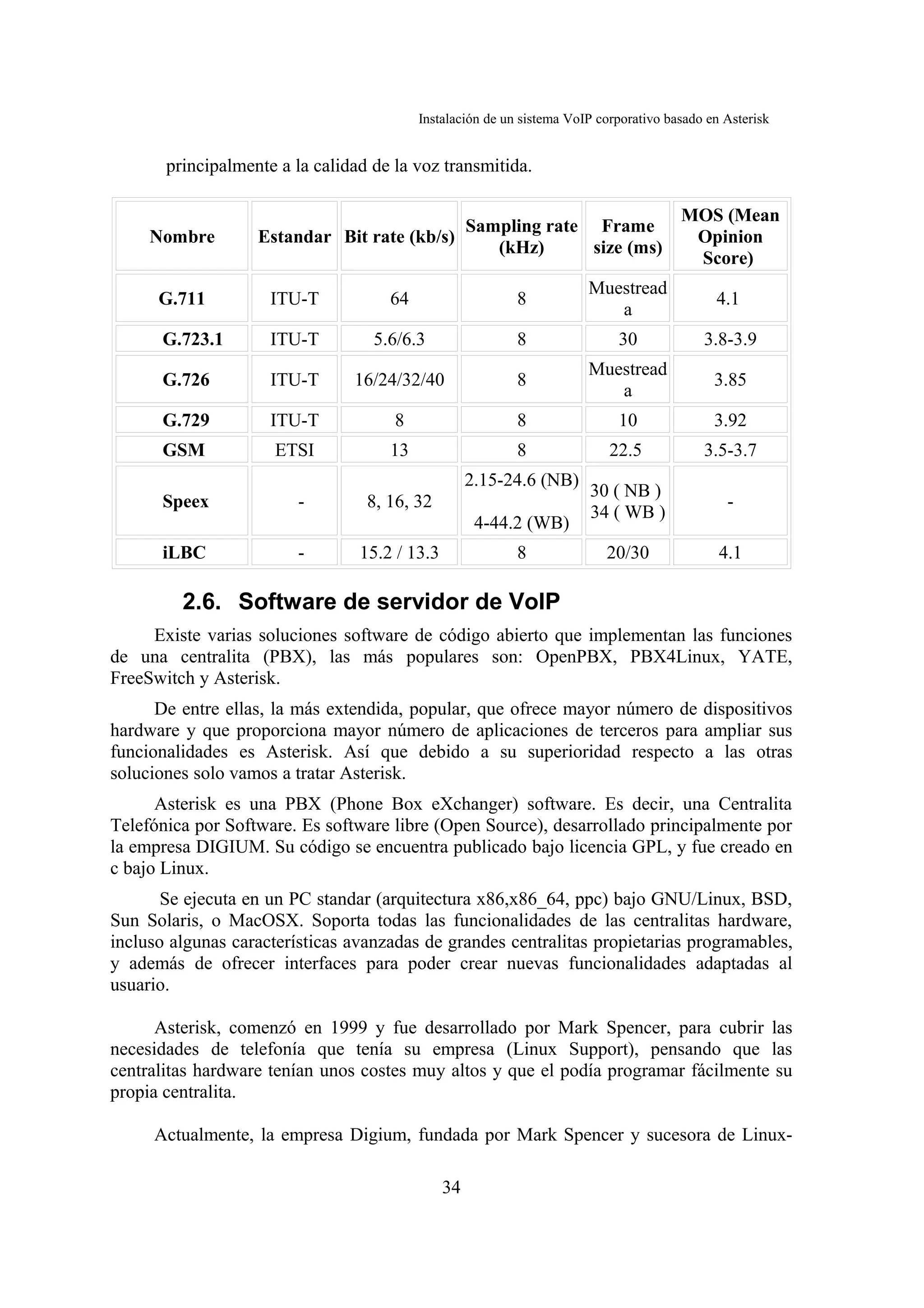 Instalación de un sistema VoIP corporativo basado en Asterisk


       principalmente a la calidad de la voz transmitida.

                                                                                       MOS (Mean
                                            Sampling rate Frame
     Nombre        Estandar Bit rate (kb/s)                                             Opinion
                                               (kHz)      size (ms)
                                                                                        Score)
                                                                       Muestread
      G.711          ITU-T           64                    8                                 4.1
                                                                          a
      G.723.1        ITU-T         5.6/6.3                 8                30             3.8-3.9
                                                                       Muestread
      G.726          ITU-T      16/24/32/40                8                                 3.85
                                                                          a
      G.729          ITU-T            8                    8                10               3.92
      GSM            ETSI            13                    8               22.5            3.5-3.7
                                                    2.15-24.6 (NB)
                                                                       30 ( NB )
      Speex              -        8, 16, 32                                                    -
                                                                       34 ( WB )
                                                     4-44.2 (WB)
      iLBC               -       15.2 / 13.3               8              20/30               4.1

         2.6. Software de servidor de VoIP
     Existe varias soluciones software de código abierto que implementan las funciones
de una centralita (PBX), las más populares son: OpenPBX, PBX4Linux, YATE,
FreeSwitch y Asterisk.
      De entre ellas, la más extendida, popular, que ofrece mayor número de dispositivos
hardware y que proporciona mayor número de aplicaciones de terceros para ampliar sus
funcionalidades es Asterisk. Así que debido a su superioridad respecto a las otras
soluciones solo vamos a tratar Asterisk.
      Asterisk es una PBX (Phone Box eXchanger) software. Es decir, una Centralita
Telefónica por Software. Es software libre (Open Source), desarrollado principalmente por
la empresa DIGIUM. Su código se encuentra publicado bajo licencia GPL, y fue creado en
c bajo Linux.
       Se ejecuta en un PC standar (arquitectura x86,x86_64, ppc) bajo GNU/Linux, BSD,
Sun Solaris, o MacOSX. Soporta todas las funcionalidades de las centralitas hardware,
incluso algunas características avanzadas de grandes centralitas propietarias programables,
y además de ofrecer interfaces para poder crear nuevas funcionalidades adaptadas al
usuario.

      Asterisk, comenzó en 1999 y fue desarrollado por Mark Spencer, para cubrir las
necesidades de telefonía que tenía su empresa (Linux Support), pensando que las
centralitas hardware tenían unos costes muy altos y que el podía programar fácilmente su
propia centralita.

     Actualmente, la empresa Digium, fundada por Mark Spencer y sucesora de Linux-

                                               34
 
