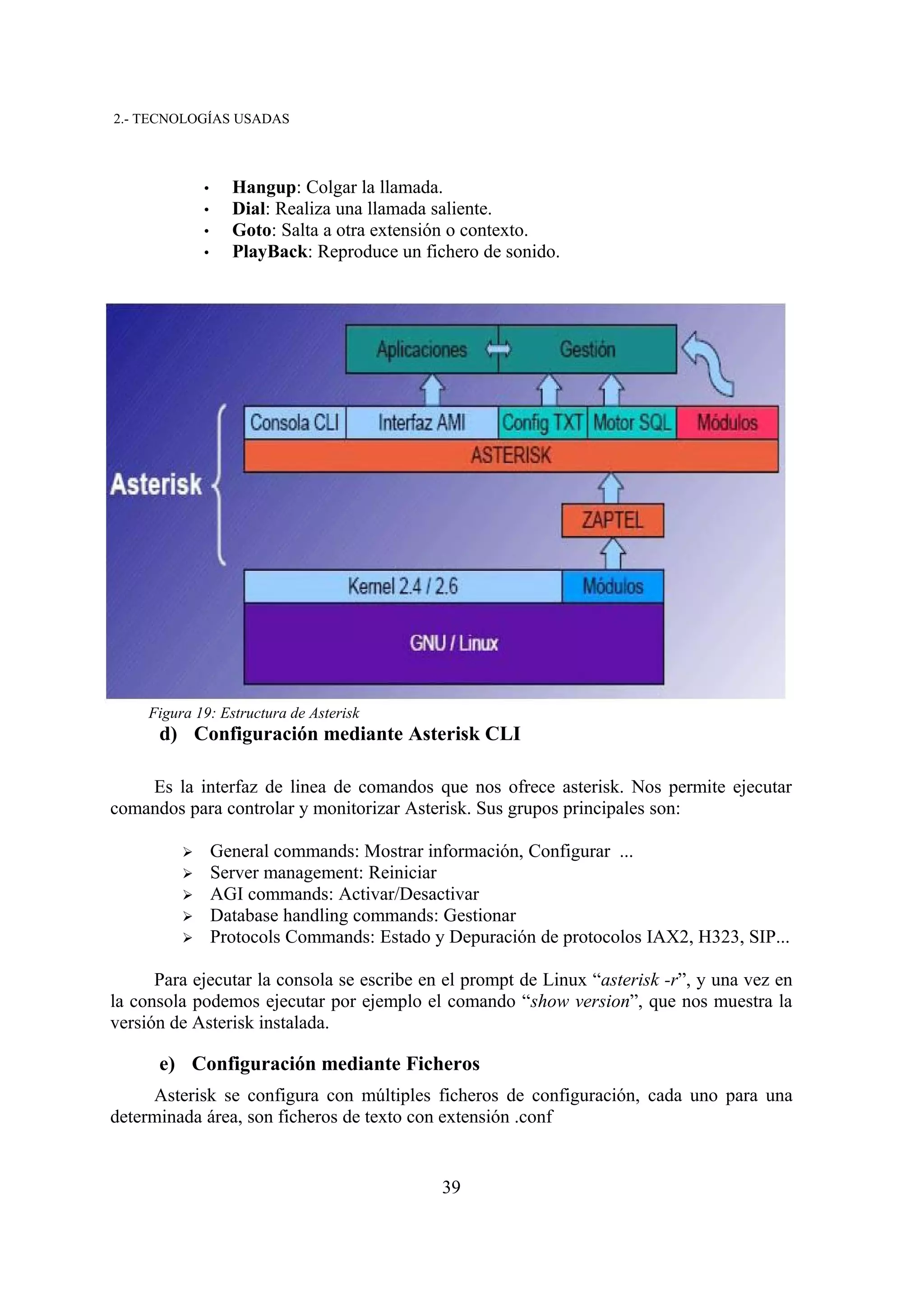 2.- TECNOLOGÍAS USADAS



              •     Hangup: Colgar la llamada.
              •     Dial: Realiza una llamada saliente.
              •     Goto: Salta a otra extensión o contexto.
              •     PlayBack: Reproduce un fichero de sonido.




     Figura 19: Estructura de Asterisk
      d) Configuración mediante Asterisk CLI

    Es la interfaz de linea de comandos que nos ofrece asterisk. Nos permite ejecutar
comandos para controlar y monitorizar Asterisk. Sus grupos principales son:

          ➢       General commands: Mostrar información, Configurar ...
          ➢       Server management: Reiniciar
          ➢       AGI commands: Activar/Desactivar
          ➢       Database handling commands: Gestionar
          ➢       Protocols Commands: Estado y Depuración de protocolos IAX2, H323, SIP...

      Para ejecutar la consola se escribe en el prompt de Linux “asterisk -r”, y una vez en
la consola podemos ejecutar por ejemplo el comando “show version”, que nos muestra la
versión de Asterisk instalada.

      e) Configuración mediante Ficheros
     Asterisk se configura con múltiples ficheros de configuración, cada uno para una
determinada área, son ficheros de texto con extensión .conf


                                              39
 