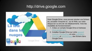 http://drive.google.com
Avec Google Drive, vous pouvez stocker vos fichiers
et y accéder n'importe où : sur le Web, sur votre
disque dur ou lors de vos déplacements. Voici les
modalités de fonctionnement :
1. Créez un compte Google Drive à l'adresse
drive.google.com.
2. Installez Google Drive sur votre appareil
Android, iPhone/iPad et votre ordinateur.
3. Importez et synchronisez des fichiers dans
Google Drive.
La tête
dans les
nuages
 