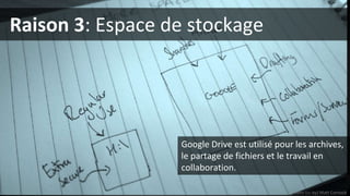 Raison 3: Espace de stockage
Photo (cc-by) Matt Cornock
Google Drive est utilisé pour les archives,
le partage de fichiers et le travail en
collaboration.
 