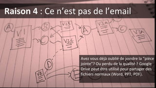 Raison 4 : Ce n’est pas de l’email
Photo (cc-by) Matt Cornock
Avez vous déjà oublié de joindre la “pièce
jointe”? Ou perdu de la qualité ? Google
Drive peut être utilisé pour partager des
fichiers normaux (Word, PPT, PDF).
 