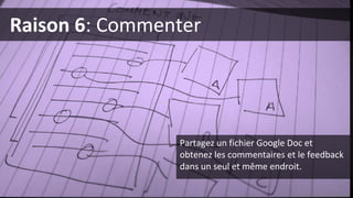 Raison 6: Commenter
Photo (cc-by) Matt Cornock
Partagez un fichier Google Doc et
obtenez les commentaires et le feedback
dans un seul et même endroit.
 