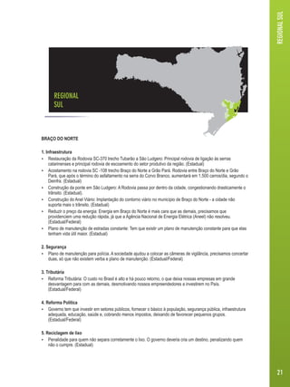 BRAÇO DO NORTE 
1. Infraestrutura 
 Restauração da Rodovia SC-370 trecho Tubarão a São Ludgero: Principal rodovia de ligação às serras 
catarinenses e principal rodovia de escoamento do setor produtivo da região. (Estadual) 
 Acostamento na rodovia SC -108 trecho Braço do Norte a Grão Pará. Rodovia entre Braço do Norte e Grão 
Pará, que após o término do asfaltamento na serra do Corvo Branco, aumentará em 1.500 carros/dia, segundo o 
Deinfra. (Estadual) 
 Construção da ponte em São Ludgero: A Rodovia passa por dentro da cidade, congestionando drasticamente o 
trânsito. (Estadual). 
 Construção do Anel Viário: Implantação do contorno viário no município de Braço do Norte - a cidade não 
suporta mais o trânsito. (Estadual) 
 Reduzir o preço da energia: Energia em Braço do Norte é mais cara que as demais, precisamos que 
providenciem uma redução rápida, já que a Agência Nacional de Energia Elétrica (Aneel) não resolveu. 
(Estadual/Federal) 
 Plano de manutenção de estradas constante: Tem que existir um plano de manutenção constante para que elas 
tenham vida útil maior. (Estadual) 
2. Segurança 
 Plano de manutenção para polícia. A sociedade ajudou a colocar as câmeras de vigilância, precisamos concertar 
duas, só que não existem verba e plano de manutenção. (Estadual/Federal) 
3. Tributária 
 Reforma Tributária: O custo no Brasil é alto e há pouco retorno, o que deixa nossas empresas em grande 
desvantagem para com as demais, desmotivando nossos empreendedores a investirem no País. 
(Estadual/Federal) 
4. Reforma Política 
 Governo tem que investir em setores públicos, fornecer o básico à população, segurança pública, infraestrutura 
adequada, educação, saúde e, cobrando menos impostos, deixando de favorecer pequenos grupos. 
(Estadual/Federal) 
5. Reciclagem de lixo 
 Penalidade para quem não separa corretamente o lixo. O governo deveria cria um destino, penalizando quem 
não o cumpre. (Estadual) 
REGIONAL SUL 
21 
REGIONAL 
SUL 
 