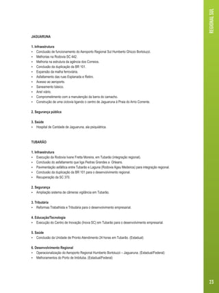 JAGUARUNA 
1. Infraestrutura 
 Conclusão de funcionamento do Aeroporto Regional Sul Humberto Ghizzo Bortoluzzi. 
 Melhorias na Rodovia SC 442. 
 Melhoria na estrutura da agência dos Correios. 
 Conclusão da duplicação da BR 101. 
 Expansão da malha ferroviária. 
 Asfaltamento das ruas Esplanada e Retiro. 
 Acesso ao aeroporto. 
 Saneamento básico. 
 Anel viário. 
 Comprometimento com a manutenção da barra do camacho. 
 Construção de uma ciclovia ligando o centro de Jaguaruna à Praia do Arrio Corrente. 
2. Segurança pública 
3. Saúde 
 Hospital de Caridade de Jaguaruna, ala psiquiátrica. 
TUBARÃO 
1. Infraestrutura 
 Execução da Rodovia Ivane Fretta Moreira, em Tubarão (integração regional). 
 Conclusão do asfaltamento que liga Pedras Grandes a Orleans. 
 Pavimentação asfáltica entre Tubarão e Laguna (Rodovia Ageu Medeiros) para integração regional. 
 Conclusão da duplicação da BR 101 para o desenvolvimento regional. 
 Recuperação da SC 370. 
2. Segurança 
 Ampliação sistema de câmeras vigilância em Tubarão. 
3. Tributária 
 Reformas Trabalhista e Tributária para o desenvolvimento empresarial. 
4. Educação/Tecnologia 
 Execução do Centro de Inovação (Inova SC) em Tubarão para o desenvolvimento empresarial. 
5. Saúde 
 Conclusão da Unidade de Pronto Atendimento 24 horas em Tubarão. (Estadual) 
6. Desenvolvimento Regional 
 Operacionalização do Aeroporto Regional Humberto Bortoluzzi – Jaguaruna. (Estadual/Federal) 
 Melhoramentos do Porto de Imbituba. (Estadual/Federal) 
REGIONAL SUL 
23 
 