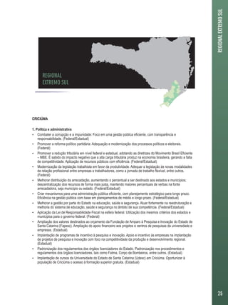 CRICIÚMA 
1. Política e administrativa 
 Combater a corrupção e a impunidade: Foco em uma gestão pública eficiente, com transparência e 
responsabilidade. (Federal/Estadual) 
 Promover a reforma político partidária: Adequação e modernização dos processos políticos e eleitorais. 
(Federal) 
 Promover a redução tributária em nível federal e estadual, adotando as diretrizes do Movimento Brasil Eficiente 
– MBE. É sabido do impacto negativo que a alta carga tributária produz na economia brasileira, gerando a falta 
de competitividade. Aplicação de recursos públicos com eficiência. (Federal/Estadual) 
 Modernização da legislação trabalhista em favor da produtividade. Adequar a legislação às novas modalidades 
de relação profissional entre empresas e trabalhadores, como a jornada de trabalho flexível, entre outros. 
(Federal) 
 Melhorar distribuição da arrecadação, aumentando o percentual a ser destinado aos estados e municípios; 
descentralização dos recursos de forma mais justa, mantendo maiores percentuais de verbas na fonte 
arrecadadora, seja município ou estado. (Federal/Estadual) 
 Criar mecanismos para uma administração pública eficiente, com planejamento estratégico para longo prazo. 
Eficiência na gestão pública com base em planejamentos de médio e longo prazo. (Federal/Estadual) 
 Melhorar a gestão por parte do Estado na educação, saúde e segurança. Atuar fortemente na reestruturação e 
melhoria do sistema de educação, saúde e segurança no âmbito de sua competência. (Federal/Estadual) 
 Aplicação da Lei de Responsabilidade Fiscal na esfera federal. Utilização dos mesmos critérios dos estados e 
municípios para o governo federal. (Federal) 
 Ampliação dos valores destinados ao orçamento da Fundação de Amparo à Pesquisa e Inovação do Estado de 
Santa Catarina (Fapesc). Ampliação do apoio financeiro aos projetos e centros de pesquisas da universidade e 
empresas. (Estadual) 
 Implantação de programas de incentivo à pesquisa e inovação. Apoio e incentivo às empresas na implantação 
de projetos de pesquisa e inovação com foco na competitividade da produção e desenvolvimento regional. 
(Estadual) 
 Padronização dos regulamentos dos órgãos licenciadores do Estado. Padronização nos procedimentos e 
regulamentos dos órgãos licenciadores, tais como Fatma, Corpo de Bombeiros, entre outros. (Estadual) 
 Implantação de cursos da Universidade do Estado de Santa Catarina (Udesc) em Criciúma. Oportunizar à 
população de Criciúma o acesso à formação superior gratuita. (Estadual) 
REGIONAL EXTREMO SUL 
25 
REGIONAL 
EXTREMO SUL 
 