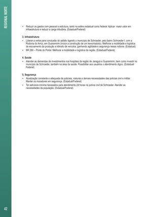  Reduzir os gastos com pessoal e estrutura, tanto na esfera estadual como federal. Aplicar maior valor em 
infraestrutura e reduzir a carga tributária. (Estadual/Federal) 
3. Infraestrutura 
 Liberar a verba para conclusão do asfalto ligando o município de Schroeder, pelo bairro Schroeder I, com a 
Rodovia do Arroz, em Guaramirim (incluir a construção de um trevo/viaduto). Melhorar a mobilidade e logística 
de escoamento da produção e trânsito de veículos, ganhando agilidade e segurança nessa rodovia. (Estadual) 
 BR 280 – Ponte do Portal. Melhorar a mobilidade e logística da região. (Estadual/Federal) 
4. Saúde 
 Atender as demandas de investimentos nos hospitais da região de Jaraguá e Guaramirim, bem como investir no 
município de Schroeder, também na área da saúde. Possibilitar aos usuários o atendimento digno. (Estadual/ 
Federal) 
5. Segurança 
 Atualização constante e adequada de policiais, viaturas e demais necessidades das polícias civil e militar. 
Manter os moradores em segurança. (Estadual/Federal) 
 Ter estrutura mínima necessária para atendimento 24 horas na polícia civil de Schroeder. Atender as 
necessidades da população. (Estadual/Federal) 
REGIONAL NORTE 
42 
 