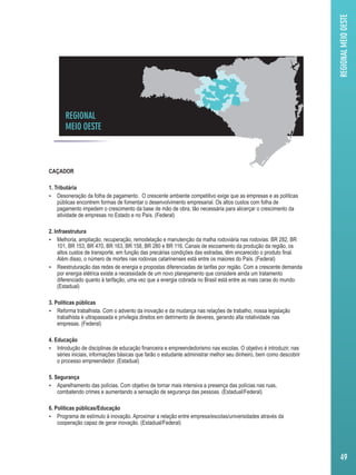 REGIONAL 
MEIO OESTE REGIONAL MEIO OESTE 
CAÇADOR 
1. Tributária 
 Desoneração da folha de pagamento. O crescente ambiente competitivo exige que as empresas e as políticas 
públicas encontrem formas de fomentar o desenvolvimento empresarial. Os altos custos com folha de 
pagamento impedem o crescimento da base de mão de obra, tão necessária para alicerçar o crescimento da 
atividade de empresas no Estado e no País. (Federal) 
2. Infraestrutura 
 Melhoria, ampliação, recuperação, remodelação e manutenção da malha rodoviária nas rodovias: BR 282, BR 
101, BR 153, BR 470, BR 163, BR 158, BR 280 e BR 116. Canais de escoamento da produção da região, os 
altos custos de transporte, em função das precárias condições das estradas, têm encarecido o produto final. 
Além disso, o número de mortes nas rodovias catarinenses está entre os maiores do País. (Federal) 
 Reestruturação das redes de energia e propostas diferenciadas de tarifas por região. Com a crescente demanda 
por energia elétrica existe a necessidade de um novo planejamento que considere ainda um tratamento 
diferenciado quanto à tarifação, uma vez que a energia cobrada no Brasil está entre as mais caras do mundo. 
(Estadual) 
3. Políticas públicas 
 Reforma trabalhista. Com o advento da inovação e da mudança nas relações de trabalho, nossa legislação 
trabalhista é ultrapassada e privilegia direitos em detrimento de deveres, gerando alta rotatividade nas 
empresas. (Federal) 
4. Educação 
 Introdução de disciplinas de educação financeira e empreendedorismo nas escolas. O objetivo é introduzir, nas 
séries iniciais, informações básicas que farão o estudante administrar melhor seu dinheiro, bem como descobrir 
o processo empreendedor. (Estadual) 
5. Segurança 
 Aparelhamento das polícias. Com objetivo de tornar mais intensiva a presença das polícias nas ruas, 
combatendo crimes e aumentando a sensação de segurança das pessoas. (Estadual/Federal) 
6. Políticas públicas/Educação 
 Programa de estímulo à inovação. Aproximar a relação entre empresa/escolas/universidades através da 
cooperação capaz de gerar inovação. (Estadual/Federal) 
49 
 