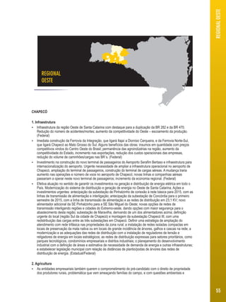 REGIONAL 
OESTE 
CHAPECÓ 
1. Infraestrutura 
 Infraestrutura da região Oeste de Santa Catarina com destaque para a duplicação da BR 282 e da BR 470. 
Redução do número de acidentes/mortes; aumento da competitividade do Oeste – escoamento da produção. 
(Federal) 
 Imediata construção da Ferrovia da Integração, que ligará Itajaí a Dionísio Cerqueira, e da Ferrovia Norte-Sul, 
que ligará Chapecó ao Mato Grosso do Sul. Alguns benefícios das obras: insumos em quantidade com preços 
competitivos vindos do Centro Oeste do Brasil; permanência das agroindústrias na região, aumento da 
competitividade do Estado, incremento nas exportações, redução dos custos operacionais das empresas, 
redução do volume de caminhões/cargas nas BR´s. (Federal) 
 Investimento na construção do novo terminal de passageiros do Aeroporto Serafim Bertaso e infraestrutura para 
internacionalização do aeroporto. Urgente necessidade de ampliar a infraestrutura operacional no aeroporto de 
Chapecó, ampliação do terminal de passageiros, construção do terminal de cargas aéreas. A mudança traria 
aumento nas operações e número de voos no aeroporto de Chapecó; novas linhas e companhias aéreas 
passariam a operar neste novo terminal de passageiros; incremento da economia regional. (Federal) 
 Efetiva atuação no sentido de garantir os investimentos na geração e distribuição de energia elétrica em todo o 
País. Modernização do sistema de distribuição e geração de energia no Oeste de Santa Catarina. Ações e 
investimentos urgentes: antecipação da subestação de Pinhalzinho de conexão à rede básica para 2015, com as 
linhas de transmissão de alimentação e interligação; antecipação da subestação de Concórdia para o primeiro 
semestre de 2015, com a linha de transmissão de alimentação e as redes de distribuição em 23,1 KV; novo 
alimentador adicional da SE Pinhalzinho para a SE São Miguel do Oeste; novas opções de redes de 
transmissão interligando regiões e cidades do Extremo-oeste, dando opções com maior segurança para o 
abastecimento desta região; subestação de Maravilha, derivando de um dos alimentadores acima; definição 
urgente do local (região Sul da cidade de Chapecó) e montagem da subestação Chapecó III, com uma 
redistribuição das cargas entre as três subestações em Chapecó. Definir uma estratégia de ampliação do 
atendimento com rede trifásica nas propriedades da zona rural; a instalação de redes isoladas compactas em 
locais de preservação da mata nativa ou em locais de grande incidência de árvores, galhos e cascas na rede; a 
modernização e as adequações das redes de distribuição com a instalação de reguladores de tensão e 
religadores de energia em locais estratégicos; as redes de distribuição expressas para setores prioritários, como 
parques tecnológicos, condomínios empresariais e distritos industriais; o planejamento do desenvolvimento 
industrial com a definição de áreas e estimativa de necessidade de demanda de energia e outras infraestruturas; 
e estabelecer legislação municipal com relação às distâncias de plantio/podas de árvores das redes de 
distribuição de energia. (Estadual/Federal) 
2. Agricultura 
 As entidades empresariais também querem o comprometimento do pré-candidato com o direito de propriedade 
dos produtores rurais, problemática que vem ameaçando famílias do campo, e com questões ambientais e 
REGIONAL OESTE 
55 
 