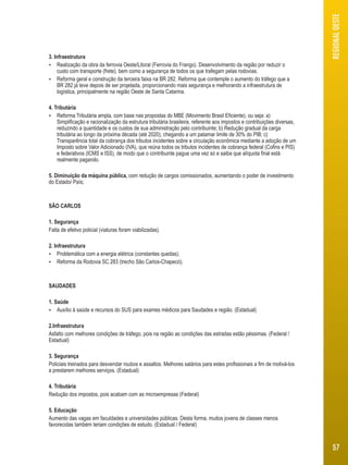 3. Infraestrutura 
 Realização da obra da ferrovia Oeste/Litoral (Ferrovia do Frango). Desenvolvimento da região por reduzir o 
custo com transporte (frete), bem como a segurança de todos os que trafegam pelas rodovias. 
 Reforma geral e construção da terceira faixa na BR 282. Reforma que contemple o aumento do tráfego que a 
BR 282 já teve depois de ser projetada, proporcionando mais segurança e melhorando a infraestrutura de 
logística, principalmente na região Oeste de Santa Catarina. 
4. Tributária 
 Reforma Tributária ampla, com base nas propostas do MBE (Movimento Brasil Eficiente), ou seja: a) 
Simplificação e racionalização da estrutura tributária brasileira, referente aos impostos e contribuições diversas, 
reduzindo a quantidade e os custos de sua administração pelo contribuinte; b) Redução gradual da carga 
tributária ao longo da próxima década (até 2020), chegando a um patamar limite de 30% do PIB; c) 
Transparência total da cobrança dos tributos incidentes sobre a circulação econômica mediante a adoção de um 
Imposto sobre Valor Adicionado (IVA), que reúna todos os tributos incidentes de cobrança federal (Cofins e PIS) 
e federativos (ICMS e ISS), de modo que o contribuinte pague uma vez só e saiba que alíquota final está 
realmente pagando. 
5. Diminuição da máquina pública, com redução de cargos comissionados, aumentando o poder de investimento 
do Estado/ País; 
SÃO CARLOS 
1. Segurança 
Falta de efetivo policial (viaturas foram viabilizadas). 
2. Infraestrutura 
 Problemática com a energia elétrica (constantes quedas); 
 Reforma da Rodovia SC 283 (trecho São Carlos-Chapecó). 
SAUDADES 
1. Saúde 
 Auxílio à saúde e recursos do SUS para exames médicos para Saudades e região. (Estadual) 
2.Infraestrutura 
Asfalto com melhores condições de tráfego, pois na região as condições das estradas estão péssimas. (Federal / 
Estadual) 
3. Segurança 
Policiais treinados para desvendar roubos e assaltos. Melhores salários para estes profissionais a fim de motivá-los 
a prestarem melhores serviços. (Estadual) 
4. Tributária 
Redução dos impostos, pois acabam com as microempresas (Federal) 
5. Educação 
Aumento das vagas em faculdades e universidades públicas. Desta forma, muitos jovens de classes menos 
favorecidas também teriam condições de estudo. (Estadual / Federal) 
REGIONAL OESTE 
57 
 