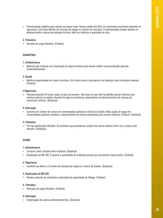  Pavimentação asfáltica para acesso às áreas rurais. Nossa cidade tem 65% do movimento econômico baseado na 
agricultura, com forte trânsito de veículos de cargas no interior do município. A pavimentação evitaria atrasos no 
abastecimento e danos às estradas de terra, além de melhorar a qualidade de vida. 
2. Tributária 
 Revisão da carga tributária. (Federal) 
XAVANTINA 
1. Infraestrutura 
 Melhoria das rodovias com duplicação de alguns trechos para escoar melhor nossa produção agrícola. 
(Federal/Estadual) 
2. Saúde 
 Médicos especialistas em nosso município. Em muitos casos, precisamos nos deslocar para municípios maiores. 
(Federal) 
3.Segurança 
 Policiais atuando 24 horas, todos os dias da semana. Nos dias em que não há plantão policial, ficamos sem 
nenhum policial na cidade. Quando há alguma ocorrência, dependemos de deslocamentos de viaturas de 
municípios vizinhos. (Estadual). 
4. Educação 
 Aumento do número de cursos em universidades públicas no Oeste do Estado. Mais opção de vagas em 
universidades públicas, evitando o deslocamento de nossos estudantes para centros maiores. (Federal / Estadual) 
5. Tributária 
 Fim da substituição tributária. Os produtos que precisamos comprar de outros estados ficam com o preço mais 
elevado. (Estadual) 
XAXIM 
1. Infraestrutura 
 Contorno viário. Ampliar área industrial. (Estadual) 
 Duplicação da BR 282. É grande a quantidade de acidentes graves que acontecem nesse trecho. (Federal) 
2. Segurança 
 Aumento de efetivo. O número de policiais per capita é o menor do Estado. (Estadual) 
3. Duplicação da BR 282 
 Número absurdo de acidentes e saturação da capacidade de tráfego. (Federal) 
4. Tributária 
 Redução da carga tributária. (Federal) 
5. Educação 
 Implantação de cursos profissionalizantes. (Estadual) 
REGIONAL OESTE 
59 
 