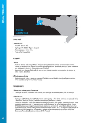 REGIONAL 
EXTREMO OESTE 
CUNHA PORÃ 
1. Infraestrutura 
 Trevo BR 158 com 282. 
 Duplicação BR 282 São Miguel a Chapecó. 
 Trevo de acesso a Cunha Porã. 
 Ponte do Rio Uruguai IRAI. 
DESCANSO 
1. Saúde 
 Auxilio ao Hospital da Fundação Médica Hospitalar. O hospital atende somente as necessidades mínimas. 
Quando há necessidade de exames ou cirurgias as pessoas precisam se deslocar para outra cidade. Há apenas 
uma sala para cirurgias e em situações precárias. (Estadual) 
 Maior apoio para cirurgias. Destinação de recursos para cirurgias especiais que necessitam de médicos de 
outros estados. (Estadual) 
2. Tributária e econômica 
 Apoio ao comércio (micro e pequenas empresas). Revisão na carga tributária, incentivos fiscais e melhores 
linhas de crédito com juros reduzidos. (Federal) 
IPORÃ DO OESTE 
1. Educação e cultura: Centro Empresarial 
 Construção de Centro Empresarial com auditório para realização de eventos de maior porte no município. 
2. Infraestrutura. 
 Duplicação da BR 282: Duplicar a BR 282, rodovia federal que liga o Meio-Oeste com todas as regiões de Santa 
Catarina, nos termos de estudos já realizados e divulgados pela Facisc. (Federal) 
 Ferrovia da Integração - Leste/Oeste. A Ferrovia da Integração Leste/Oeste ligará os extremos do Estado, sendo 
estratégica para a integração e o desenvolvimento econômico e social de Santa Catarina e do Brasil. Desde 
2010 é debatida e defendida por toda a sociedade catarinense, considerando que em Santa Catarina nenhum 
projeto ferroviário foi incluído no Programa de Investimentos em Logística (PIL) e no Programa de Aceleração de 
Crescimento (PAC). Desta forma, é necessária a inclusão da Ferrovia da Integração no PIL e no PAC das 
Concessões Ferroviárias Brasileiras ainda em 2014. (Federal) 
REGIONAL EXTREMO OESTE 
60 
 