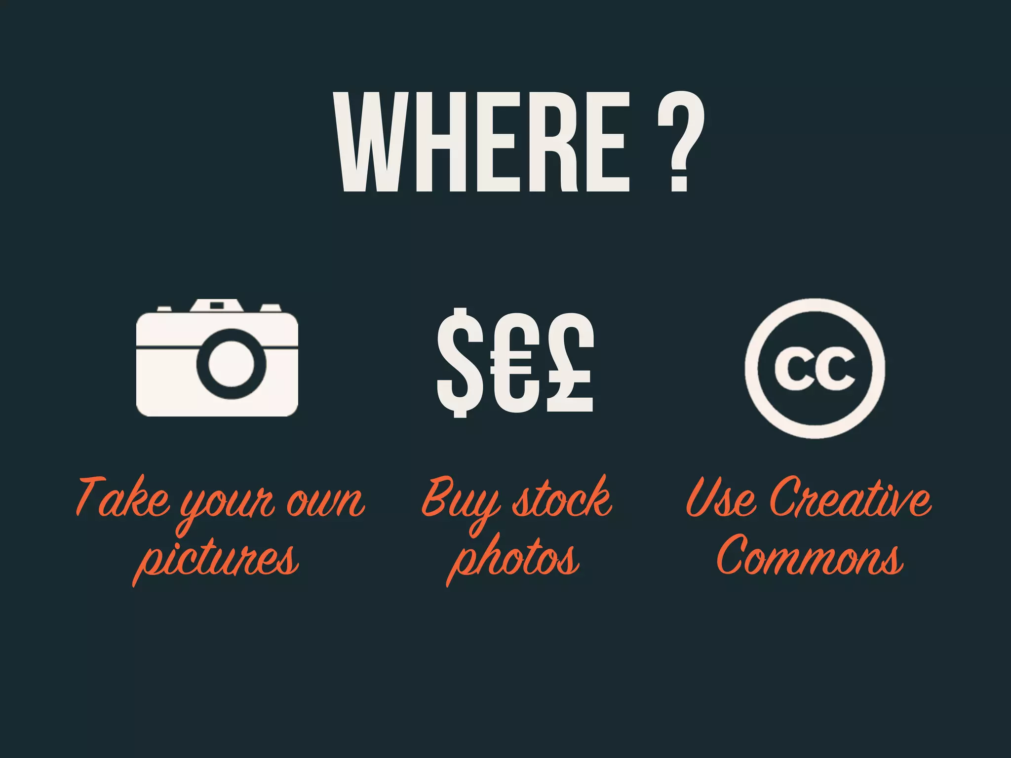 Take your own
pictures
Buy stock
photos
Use Creative
Commons
$€£
WHERE ?
 