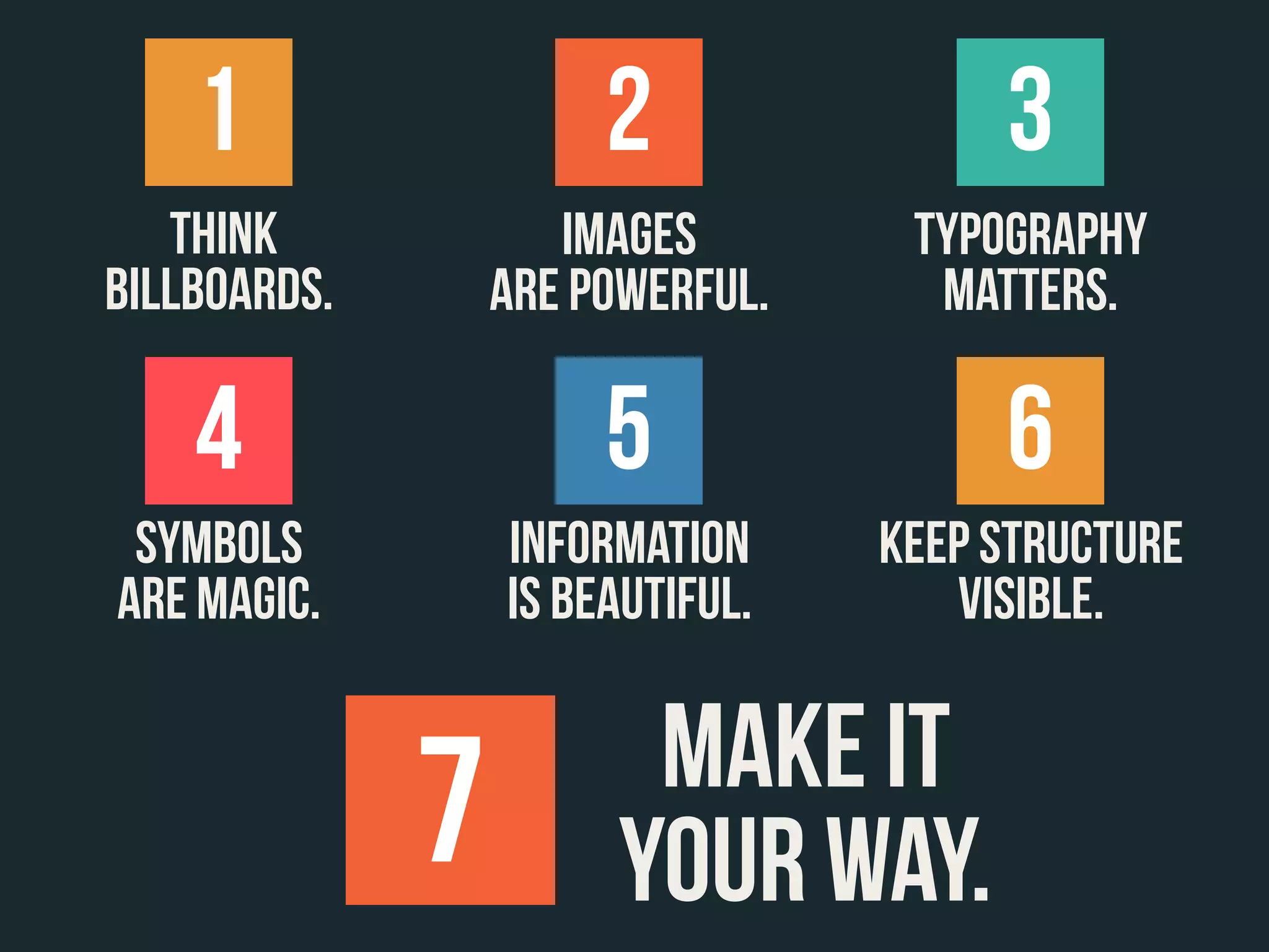 Think
billboards.
IMAGES
ARE POWERFUL.
TYPOGRAPHY
MATTERS.
SYMBOLS
ARE MAGIC.
INFORMATION
IS BEAUTIFUL.
KEEP STRUCTURE
VISIBLE.
MAKE IT
YOUR WAY.
1 2 3
4 5 6
7
 