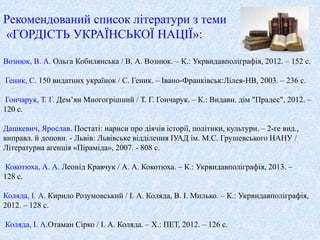 Рекомендований список літератури з теми 
«ГОРДІСТЬ УКРАЇНСЬКОЇ НАЦІЇ»: 
Вознюк, В. А. Ольга Кобилянська / В. А. Вознюк. – К.: Укрвидавполіграфія, 2012. – 152 с. 
Геник, С. 150 видатних українок / С. Геник. – Івано-Франківськ:Лілея-НВ, 2003. – 236 с. 
Гончарук, Т. Г. Дем’ян Многогрішний / Т. Г. Гончарук. – К.: Видавн. дім "Прадес", 2012. – 
120 с. 
Дашкевич, Ярослав. Постаті: нариси про діячів історії, політики, культури. – 2-ге вид., 
виправл. й доповн. - Львів: Львівське відділення ІУАД ім. М.С. Грушевського НАНУ / 
Літературна агенція «Піраміда», 2007. - 808 с. 
Кокотюха, А. А. Леонід Кравчук / А. А. Кокотюха. – К.: Укрвидавполіграфія, 2013. – 
128 с. 
Коляда, І. А. Кирило Розумовський / І. А. Коляда, В. І. Милько. – К.: Укрвидавполіграфія, 
2012. – 128 с. 
Коляда, І. А.Отаман Сірко / І. А. Коляда. – Х.: ПЕТ, 2012. – 126 с. 
 