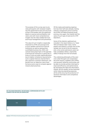 The purpose of this survey was to pro-vide 
participants with renewed insights 
into the performance and cost structure 
of their ATM estates with the additional 
detail on revenue and profitability indi-cators 
Do you make regional or national comparisons with any 
competitor or similar operator? 
0% 100% 
18—19 
and with more comprehensive 
insights into the Value Added Services 
and Fraud management and prevention. 
The value of such insights is especially 
important as ATMs are proving to be 
a much needed channel for Financial 
Institutions as well as representing 
a profitable business line. With cost 
controls being kept high on the agendas 
of all financial institutions in particular in 
times of more accurate capital allocation 
due to tighter compliance requirements, 
such a capital intensive channel that is 
also central to customer interaction, will 
benefit from an objective view of per-formance 
and a way to compare against 
industry best-practices. 
YES NO 
Of the newly participating organisa-tion 
less than half were already making 
industry comparisons prior to joining 
the ATMIA ATM Benchmarking study, 
proving, once again, the interest and the 
value of such type of exercise for ATM 
Operators. 
Some of the statistics gathered are 
included in the report below on a “base 
100 normalised index” basis. Some 
graphs and statistics include most of the 
sample, but not all of the 42 respond-ents, 
since some submissions were not 
fully completed. Others, meanwhile, 
reflect findings from the full sample. 
The underlying philosophy of the exer-cise 
is that through such cooperation 
the ATM industry, together with ATMIA 
and domestic banking communities will 
be able to provide pointers that lead to 
improved efficiency and performance. 
By leveraging the data and information 
shared, service quality can be improved 
whilst reducing operating expenses, 
all the while ensuring the protection of 
sensitive information and competitive 
advantages. 
Source: ATMIA Benchmarking Study 2014, Value Partners analysis 
 